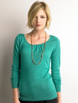A colorful sweater with an interesting neckline This teal scoopneck sweater frames the face but is a modest choice